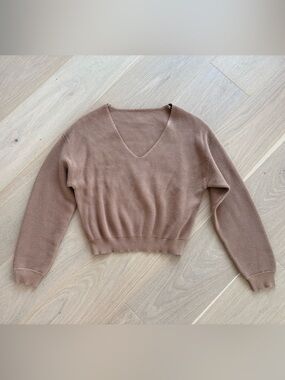 Dynamite Ribbed V-Neck Cropped Sweater in Light Brown